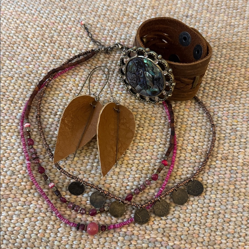 Boho Leather bracelet necklace and earrings Jewelry Set